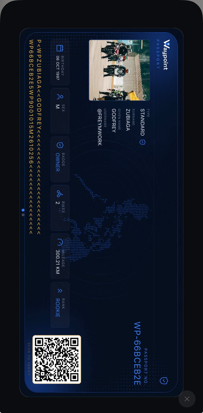 Passport screen — Your digital rider identity — badges, achievements, and the rides that prove where you've been.