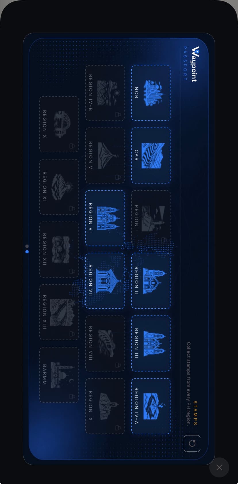 Stamps screen — Collect region stamps as you ride so every route turns into progress you can actually feel.