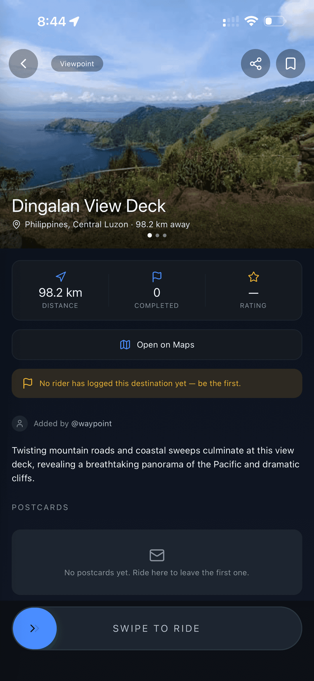 A destination page with photos and ride details.