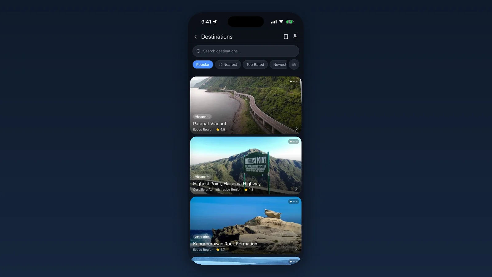 Motorcycle ride spots near me in the Waypoint Destinations screen, with rider stops like Patapat Viaduct sorted by Popular, Nearest, Top Rated or Newest