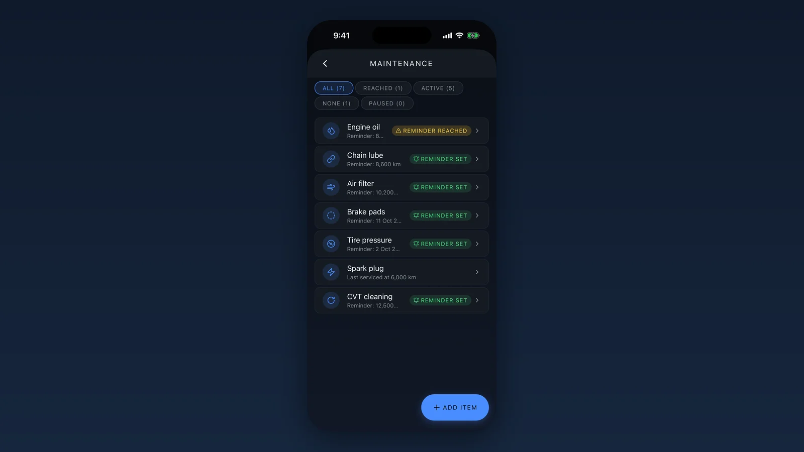 Motorcycle commute Manila maintenance: the Waypoint Garage list with service items like engine oil, chain lube and brake pads, with reminders by kilometers or date