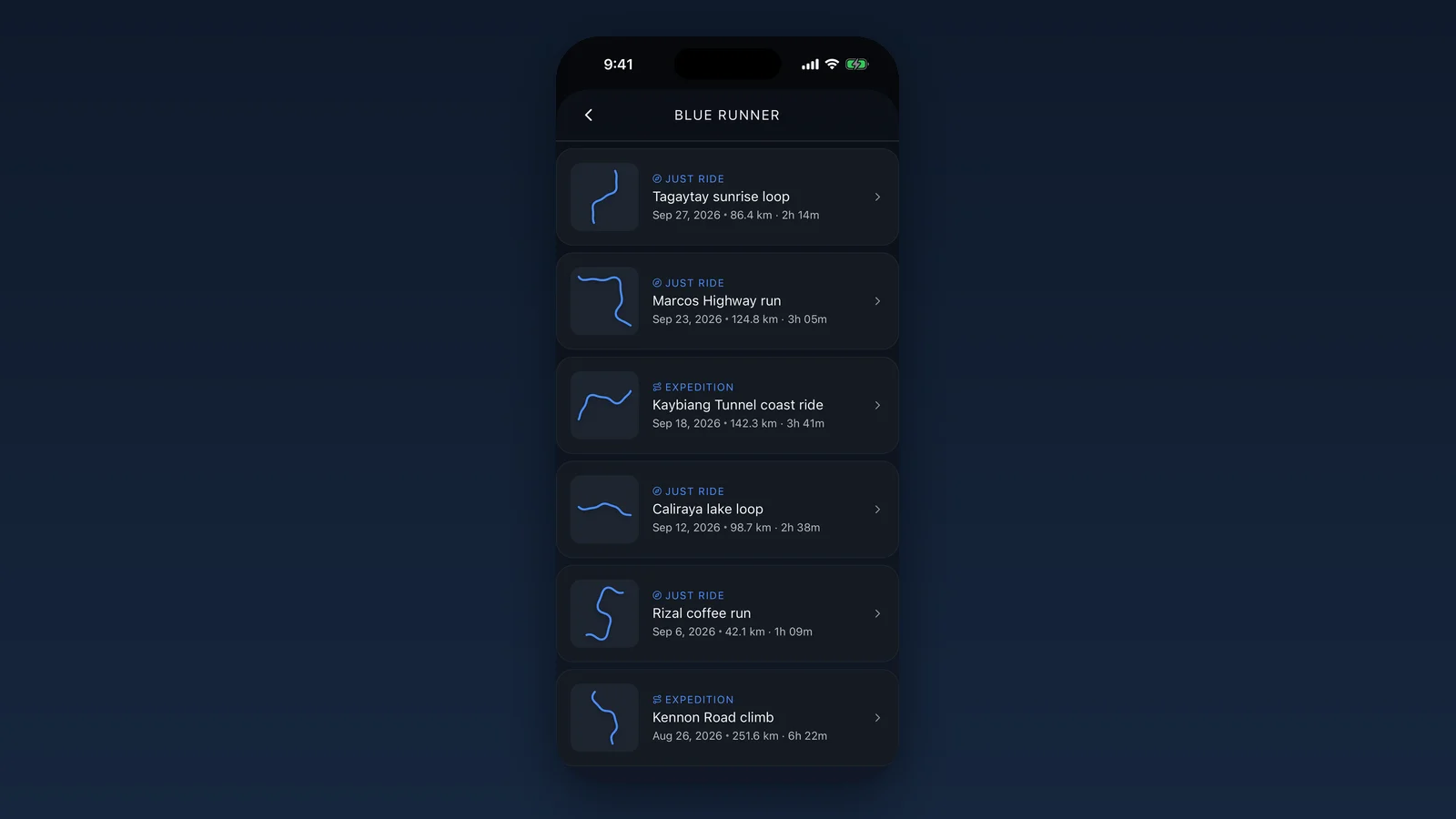 Motorcycle ride tracker app screen showing a bike's ride history with distance and time for each ride