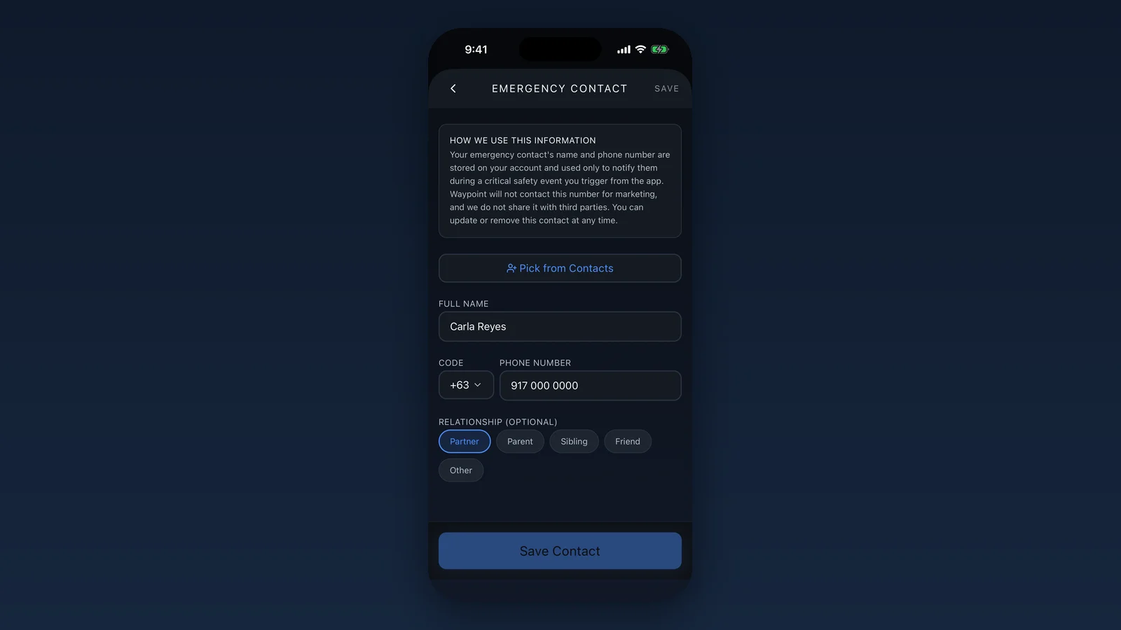 Solo motorcycle ride safety screen in the Waypoint app for saving an emergency contact with name, phone number and relationship